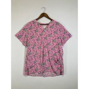 Real Work Scrub Top Womens XL Pink Farm Life Cow Print V-Neck Short Sleeve